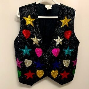 Vintage Fashion Fantasy Sequins Multi Colored Heart Stars Snap Vest XL